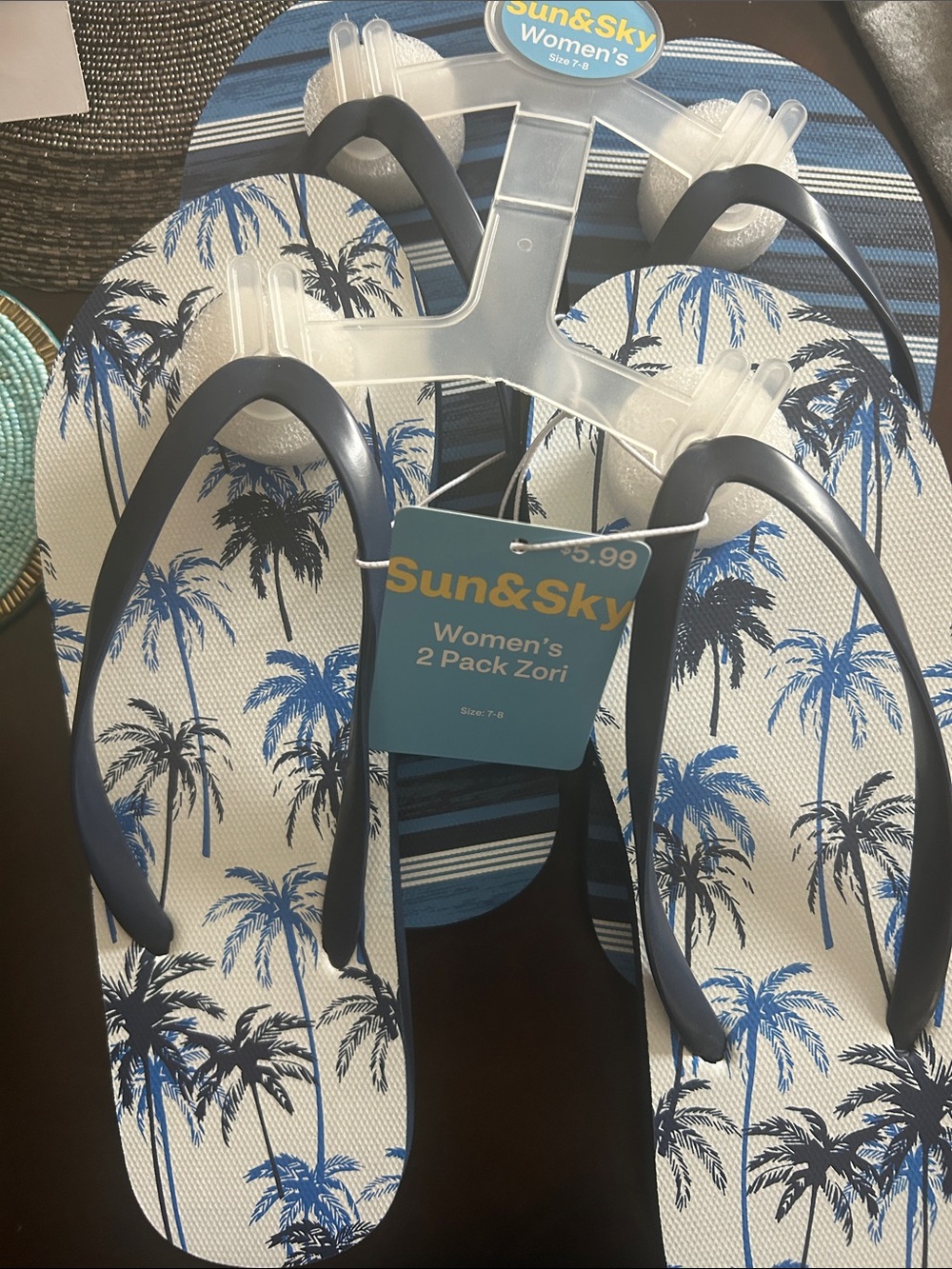 Women's Blue Palm-Print 2-Pack Zori Flip Flops